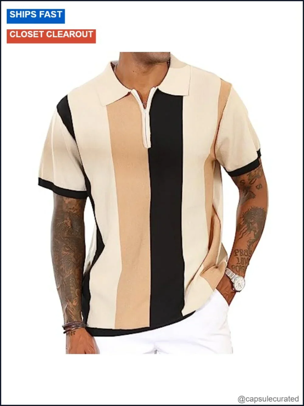Men's Vintage Striped Polo Shirt Slim Fit Short Sleeve Knit Golf Tops